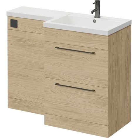 Napoli 460 Light Oak 1100mm 2 Drawer Vanity Unit Toilet Suite with Right Hand Square Lucia Basin - 1100mm - Gunmetal Grey 320mm HandleWithout Kingston Toilet Pan