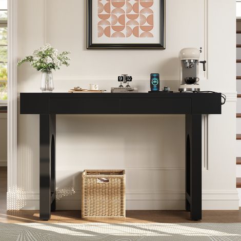 Tavolo consolle 120x35.5x76.5 cm nero in MDF con 2 cassetti, prese USB/Type-C e piedini regolabili (1/5)