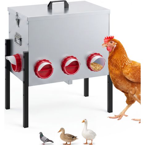 Mangeoire pour Poules en Métal Galvanisé, 54 x 41 x 44–56 cm Grande Mangeoire avec Pieds Réglables, Ouverture d'Alimentation Couverte, avec 8 trous (1/5)