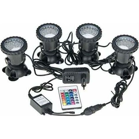 Spots sous-marins étanches multicolores RVB pour aquarium avec télécommande pour bassin de jardin, aquarium, piscine, prise britannique (lot de 4 lumières)