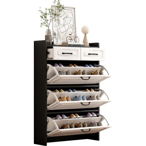 CHICFURN Meuble à chaussures blanc avec 3 abattants pivotants et 2 tiroirs, rangement d'entrée peu profond en panneau de particules avec poignées métal, 80x23,5x131 cm (1/5)