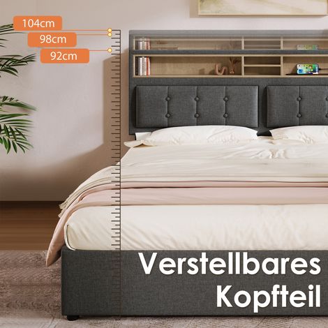 Lit double avec 4 tiroirs et prise USB C,lit rembourré 140x200cm,tête de lit réglable en hauteur,cadre à lattes en bois (avec matelas)-Mi (1/5)