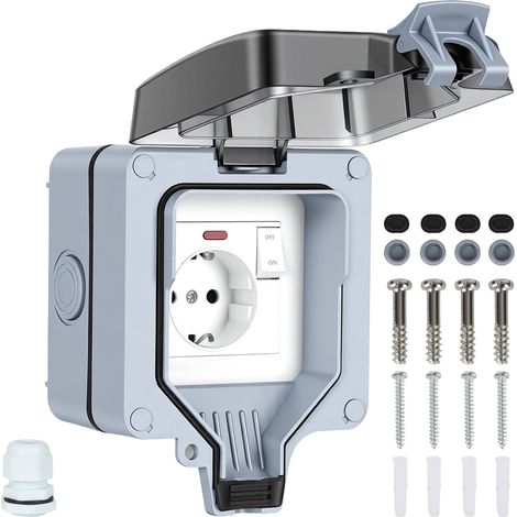 Wolketon Prise étanche extérieure IP65 avec interrupteur, boîtier mural en saillie, 16A 250V, prise de courant pour jardin, balcon, garage et salle de bain (1/5)