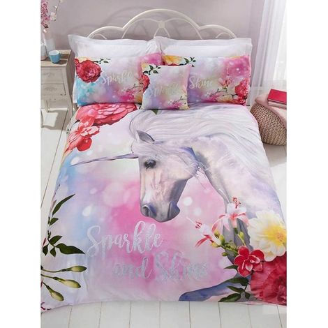 Parure de lit pour Enfant avec Housse de Couette Licorne Rose Scintillante et Brillante, Douce et Facile d'entretien (lit Double)