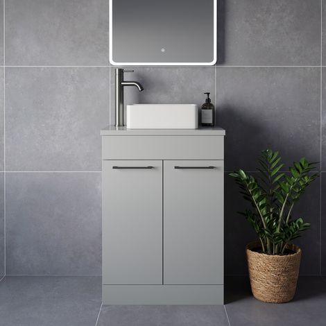 Napoli 390 Gloss Grey Pearl 600mm 2 Door Vanity Unit for Countertop Basins - 600mm - Gunmetal Grey 160mm Handle