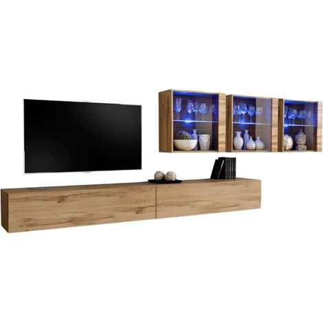 Composición mural SWITCH XVII – Doble mueble para TV, cubos con vidrio LED y estantes – Roble Wotan – Diseño moderno
