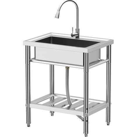 Évier de cuisine sur pied en acier inoxydable avec robinet, lavabo de cuisine avec étagère de rangement, bac à linge pour intérieur et extérieur