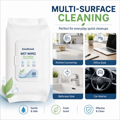 KineShineX Fresh Cleaning Wipes (40 wipes) for everyday cleaning of kitchen countertops, dining tables, and bathrooms. (1/4)