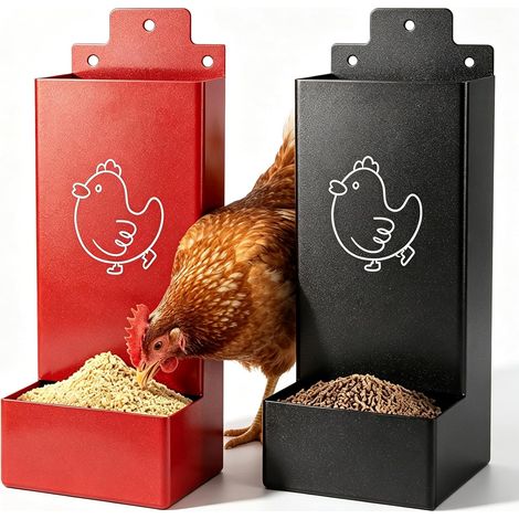 Lot De 2 Mangeoire Automatique pour Poules,1,3 L/Pièce,Mangeoire Automatique Poule,Mangeoire Poule en Metal pour Accessoires De Poulailler Et Elevage De Volailles,25CM(Rouge,Noir) (1/5)