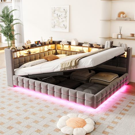 Cama con canapé 140 x 200 cm con LED, enchufes USB y Type-C, terciopelo gris HAVRYA (1/5)