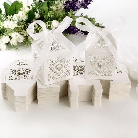 100pcs Boîte à dragées Bonbonnière Cage avec ruban Vigne Coeur carte ivoire nacré pour mariage. Taille: d\'environ 5 x 5 x 7,5 cm (1/4)