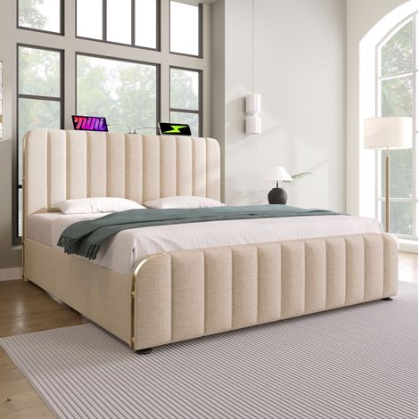 Polster-Doppelbett 140x200 cm mit Hydraulik-Stauraum, USB-C und Matratze H3, beige OKWISH (1/5)