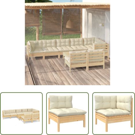 Terrassensofa - 9-tlg. Garten-Lounge-Set mit Creme Kissen Massivholz Kiefer (1/5)
