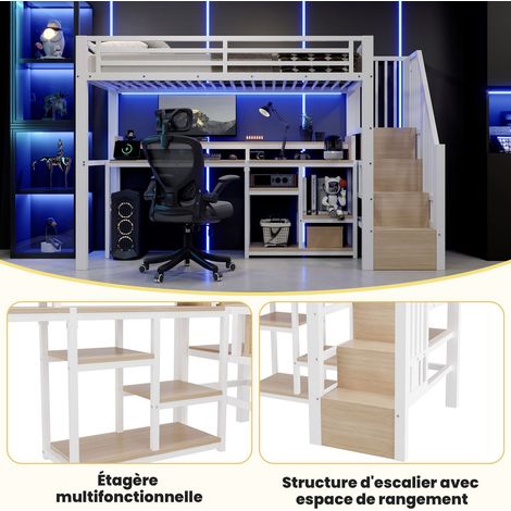 Lit Mezzanine 90 x 200 cm Structure en métal Armoire-échelle Compartiment de rangement Prises USB et Type-C Éclairage LED