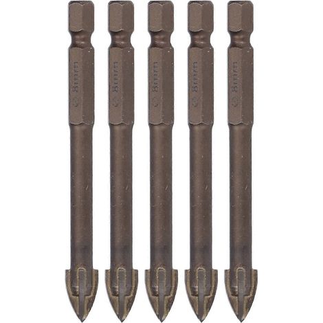 5-teiliges Kreuzbohrer-Set, 1/4 Zoll Sechskantschaft, für Fliesen, Glas, Keramik und Beton, Lochöffner aus Hartmetall, 8 mm