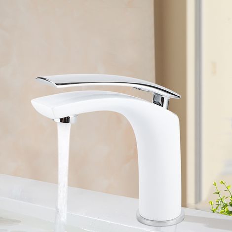 Weiß lackierter Waschtischhahn mit Warm- und Kaltwasseranschluss, Badezimmerarmatur, Waschbeckenwasserhahn, EU-Standard (1/5)