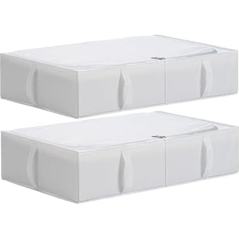 Unterbett Aufbewahrungsbox mit Deckel, Strapazierfähiger Stoff, Waschbar, Zusammenklappbar, Boxen Aufbewahrung für Kleidung, Decken, Bettwäsche, Schuhe, 70x42x18 cm, 2er-Pack, Weiß