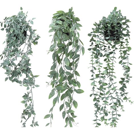 Lot de 3 plantes suspendues artificielles en pot – Eucalyptus, datura, pois de senteur – Feuillage réaliste, déco murale/étagère, maison, bureau (1/5)