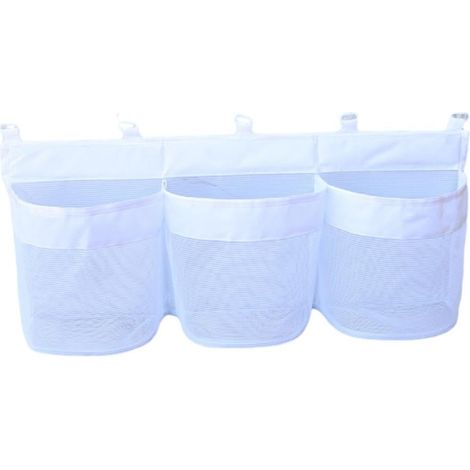 Sac de rangement horizontal à 3 compartiments pour jouets de bain, avec grande ouverture et grille de suspension. (1/4)