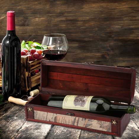 Coffret de rangement vintage en bois pour une bouteille de vin rouge ou de champagne, cadeau idéal pour un mariage ou un anniversaire. (1/5)