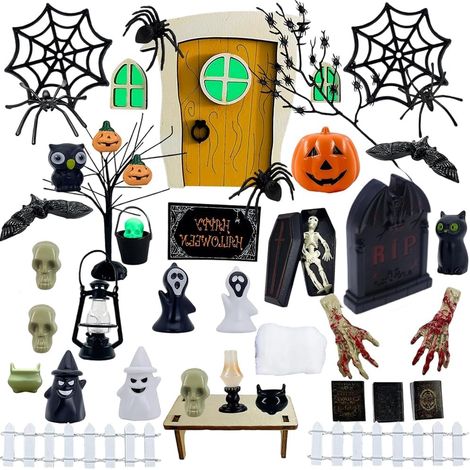 Miniature di Halloween, 39 pezzi di mini statuine di Halloween in resina, decorazioni di Halloween in miniatura, mini decorazioni fai da te a forma di zucca, ragno, pipistrello, teschio, scopa (1/5)