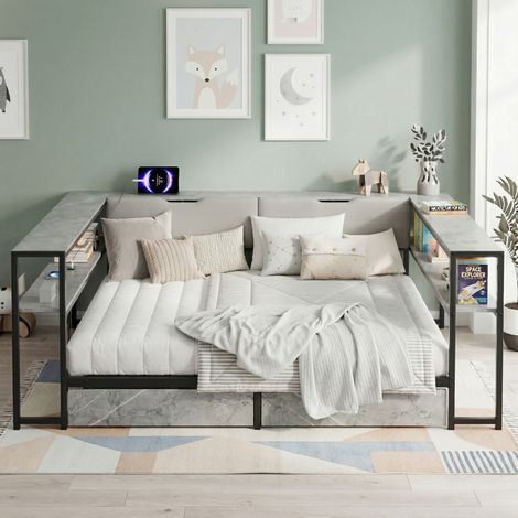 Canapé 90x200 cm enfant avec USB et Type-C, 2 tiroirs, 6 rangements, sommier à lattes, métal gris (1/5)