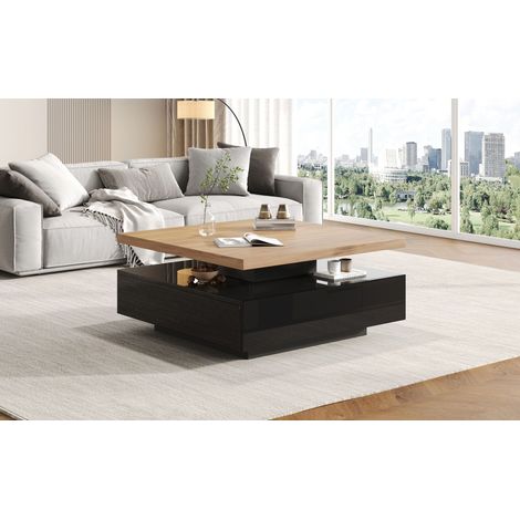 Table basse rotative 360 degrés en bois noir et noyer 707036cm avec tiroir caché (1/5)