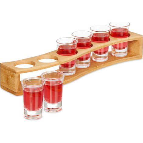 Relaxdays 6 Bicchieri da Shot con Supporto, Bicchierini in Vetro 4 cl, Vassoio in Bambù, Idea Regalo, Marrone Chiaro