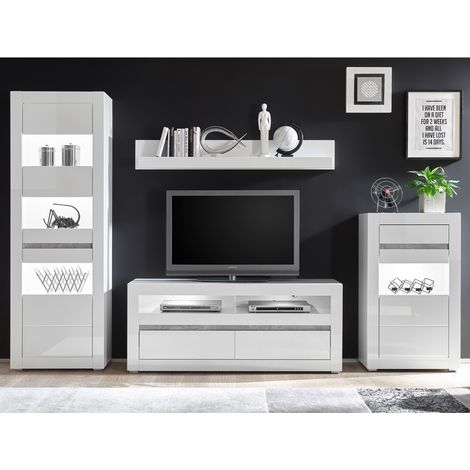 Moderne Wohnwand COGO-61 in weiß Hochglanz inkl. LED und mit Griffmulden in Betonoptik BxHxT: 302x198x42cm (1/5)