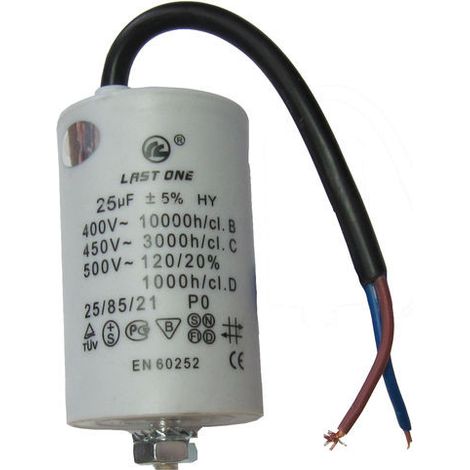 Moteur de travail à condensateur 25µF 450VAC – Dimensions 45x95mm – Câbles 150mm – Boîtier résistant aux chocs – Srpassives - Ct25mf450v