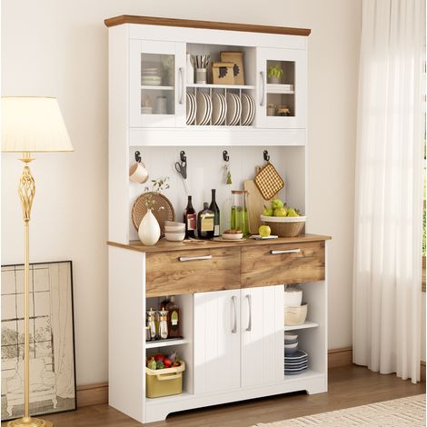 Credenza da cucina con vetrine, 2 cassetti e ganci, 106 x 39 x 176,5 cm bianco e legno DESVIAE (1/5)