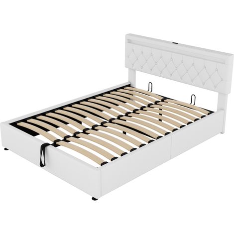 Cama con canapé blanca de 160 x 200 cm con iluminación ambiental, puertos de carga USB y tipo C, estructura de cama doble, apta para jóvenes y adultos (colchón no incluido). (1/5)