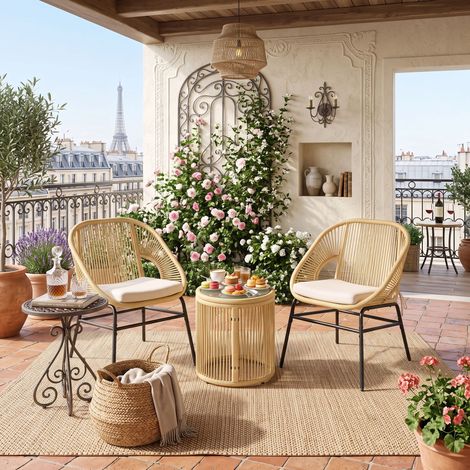 Creahappy Salon de Jardin Bistro 2 Places - Table Ronde Ø45cm Verre Trempé et 2 Fauteuils Résine Tressée - Beige Naturel (1/5)