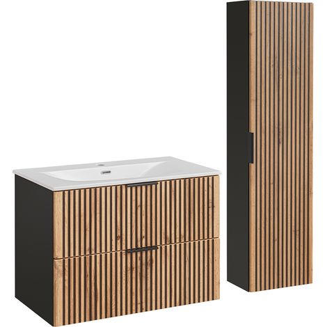 Waschtisch und Hängesäule 80cm Gaia mit 2 Schubladen, Eichenoptik und Schwarz