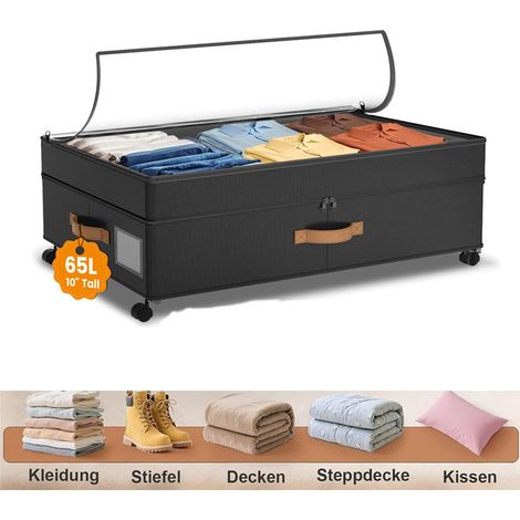 Contenitore sottolletto con ruote — Scatola portaoggetti mobile con coperchio (65 L) — Ideale per scarpe, abbigliamento e coperte — Nero