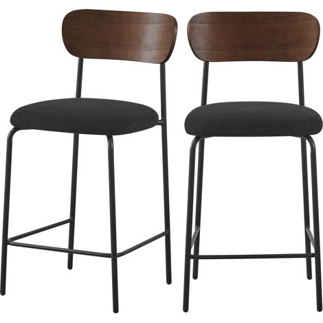 Lot de 2 chaises de bar bois foncé velours côtelé et métal H65cm - Noir - Jess (1/5)