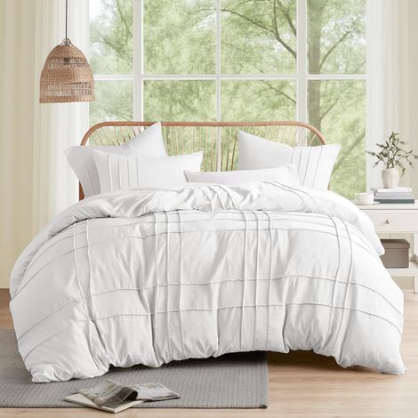 Parure de lit 3 pièces à Plis plissés pour Toutes Les Saisons en Microfibre prélavée – Housse de Couette légère et Extra Douce pour très Grand lit, Blanc (1/5)