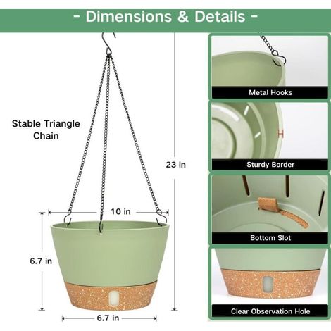 Set di 2 vasi sospesi, diametro 25,4 cm, per uso interno ed esterno, vaso da fiori sospeso con foro di drenaggio e 3 ganci per giardino e casa (verde). (1/4)