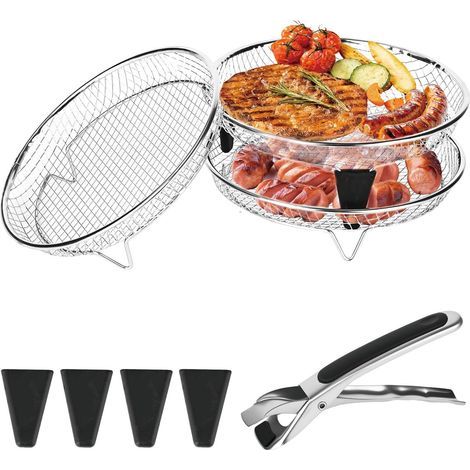 Cestelli impilabili per friggitrice ad aria, griglia rotonda in acciaio inox 304 per friggitrice ad aria, griglia rotonda da 20 cm per friggitrice ad aria con 4 piedini in silicone, 1 pinza per forno/ (1/5)