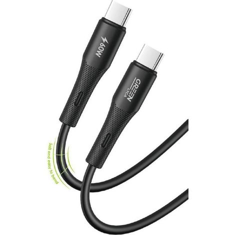 Câble USB-C vers USB-C GREEN LYCA, 5 A, 2 m, charge rapide PD 60 W, silicone liquide - Noir (1/2)