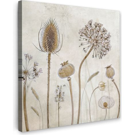 TABLEAU SUR TOILE Fleurs - Aquarelle - Nature morte - Brun - Vintage Tableau Chambre Adulte 90x90 cm