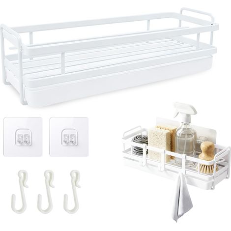 Porte Eponge Evier Cuisine Mural, Organisateur Evier Cuisine avec Bac d'égouttage et Porte-Chiffon, Support Eponge et Savon Évier, Rangement Murale en Métal pour Cuisines et Salle de Bain, Blanc (1/5)