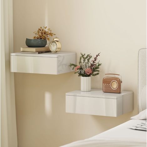 Set di 2 comodini sospesi 51,5/37,5/16 cm bianchi con cassetto, design salvaspazio da parete (1/5)