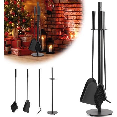 Randaco Juego de accesorios para chimenea, 3 piezas con pala, escoba, atizador y soporte, accesorios modernos para estufas, negro (1/5)