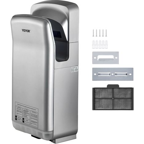 VEVOR Seche-Mains Automatique 2000W Seche Main Air Pulse Electrique Commercial ABS Super Puissant Filtration HEPA 43℃ Moteur a Balais Carbone pour Secher Sechage Mains Toilettes 290x220x685 mm Argent