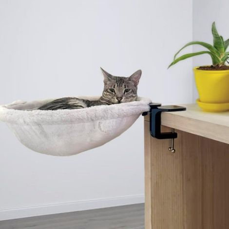 Hamac pour chat à fixer sous un bureau avec anneau de 40 cm et coussin en tissu doux pour couchage intérieur couleur blanche 1 pièce (1/5)