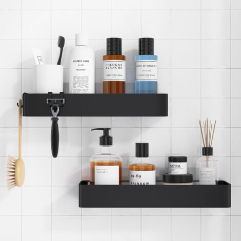 Étagère de douche extra-large - Lot de 2 étagères adhésives en acier inoxydable antirouille, rangements et rangements de salle de bain sans perçage, noir (1/5)