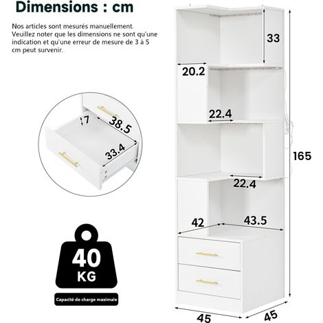 Étagère d'angle blanche 165 cm, meuble d'angle avec éclairage LED et 2 tiroirs, rangement mural 4 niveaux, présentoir multi-étagères pour salon et chambre (1/5)