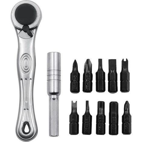 Jeu de cliquet 1/4" - 12 pièces - Tournevis à cliquet compact - avec 11 embouts