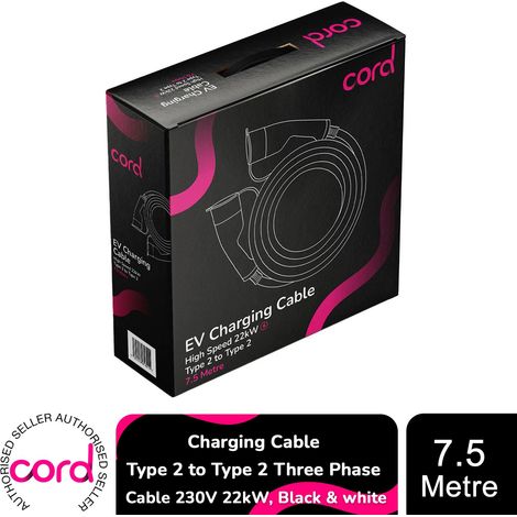 Cord EV Charging Cable Type 2 to Type 2 Three Phase Cable 230v 22kw, 7.5 Metre (1/5)